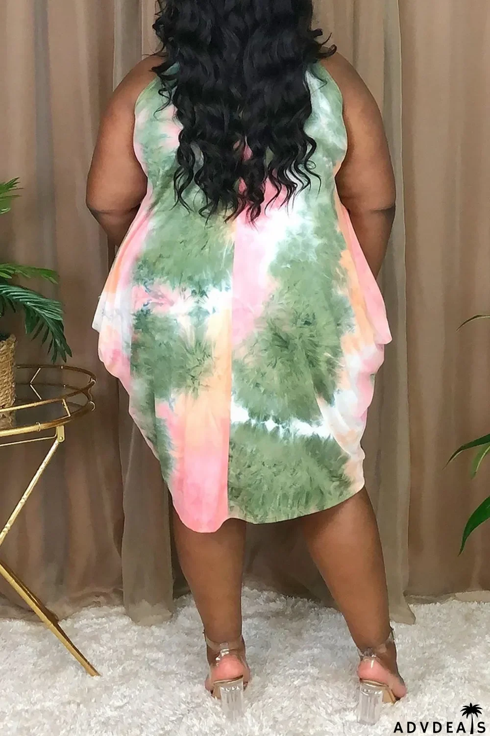 Pink Fashion Sexy Plus Size Print Tie Dye Asymmetrical O Neck Vest Dress