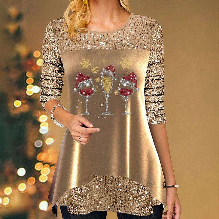 Christmas Style Wine Glass Printed Women's Tops