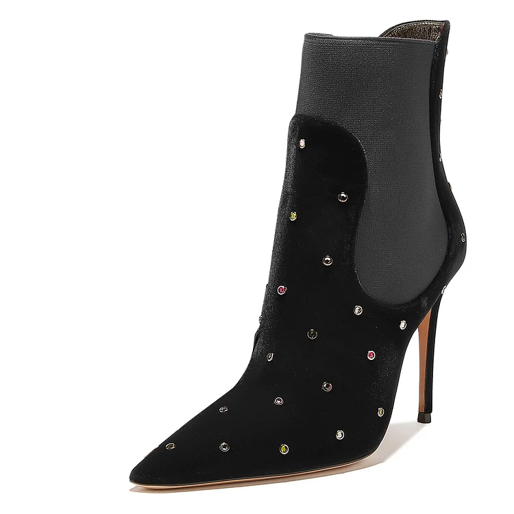 Black Velvet Boots Rhinestone Embellished Stiletto Heel Chelsea Boots |FSJ Shoes