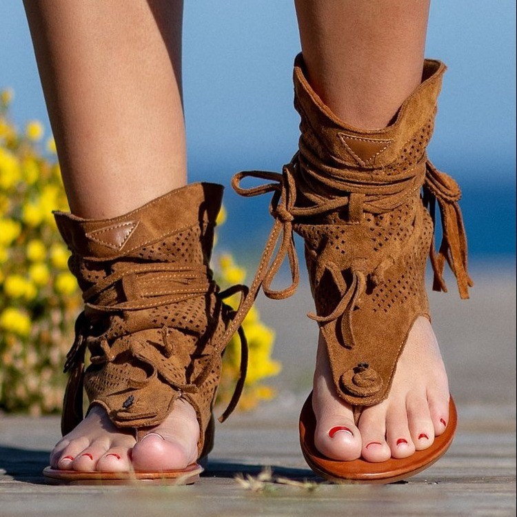 Women's Retro Western Bohemian Mesh Clip-toe Tassel High-top Roman Sandals