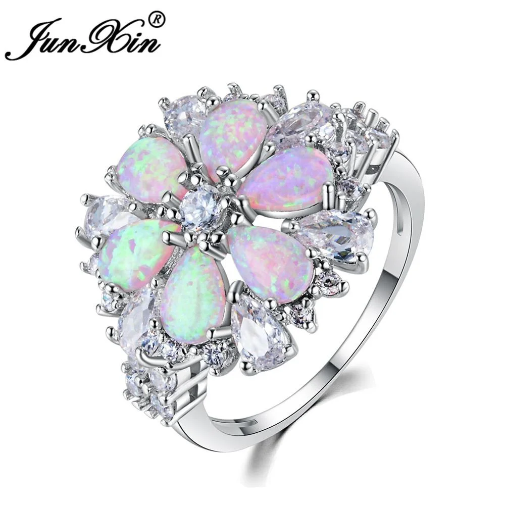 JUNXIN Rose Gold Filled Big Engagement Rings For Women Luxury Pink Fire Opal Flower Ring Fashion Birthstone Jewelry Accessories