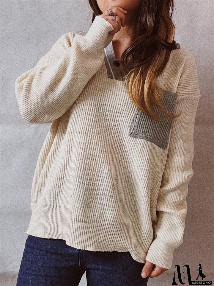 MidiSono - Casual Lapel Contrast Color Sweaters With Pocket