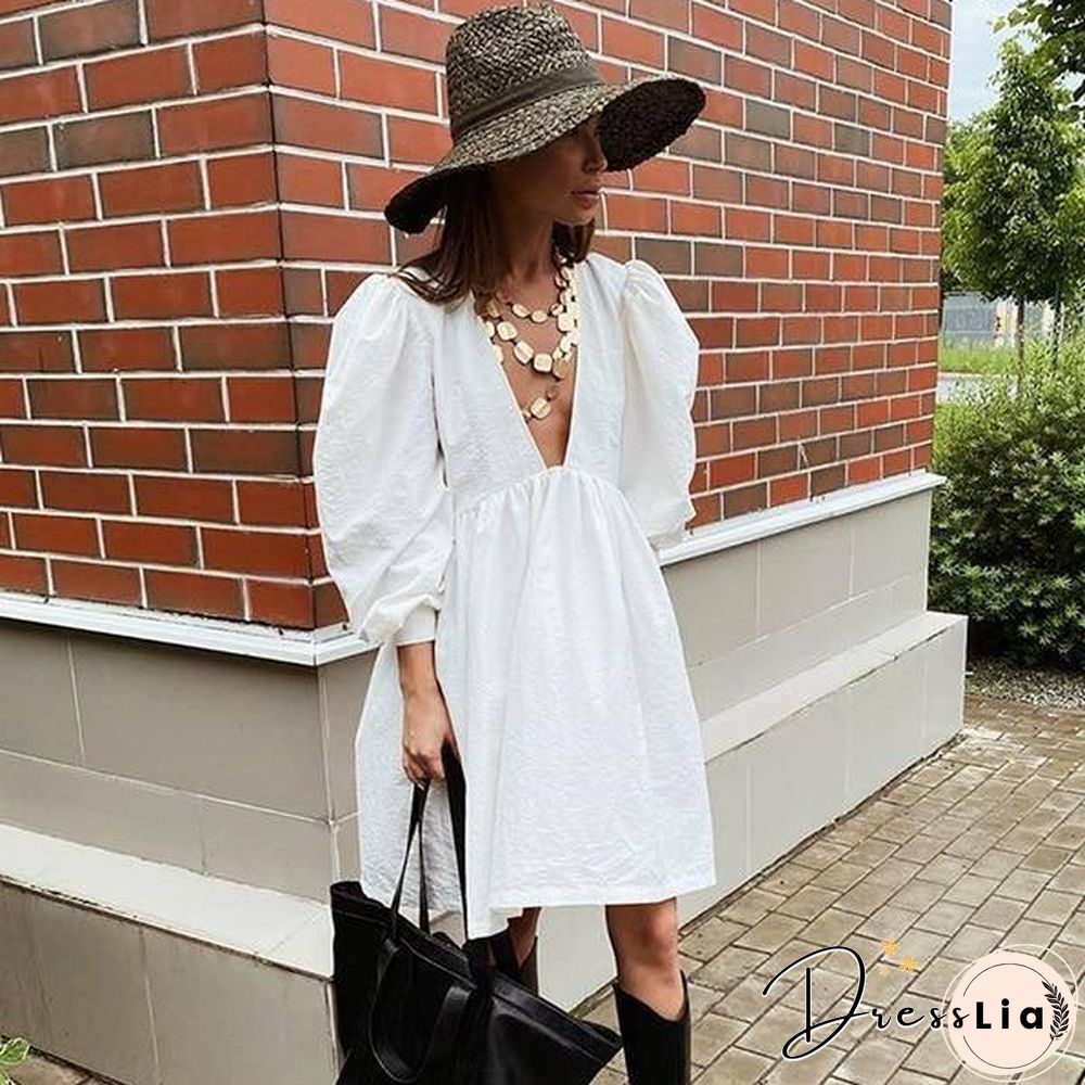 Deey Neck Sexy Black Dress Women Puff Sleeve Line Ladies High Waist Casual Elegant Autumn
