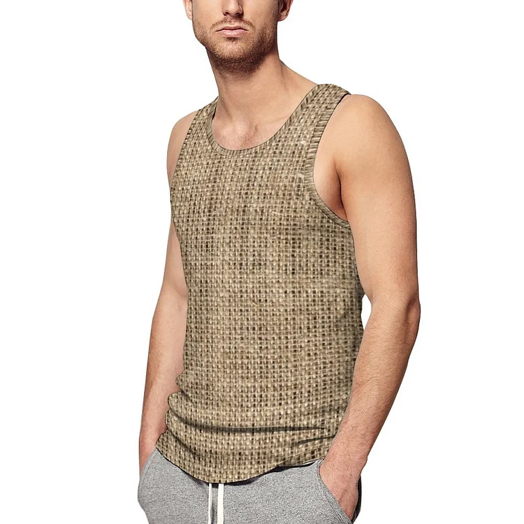 Men Country Burlap Old Canvas Squares Print Tank Top All Over Print Sport Gym T-Shirts Hawaii Beach Vacation Sleeveless Tees - Heather Prints Shirts