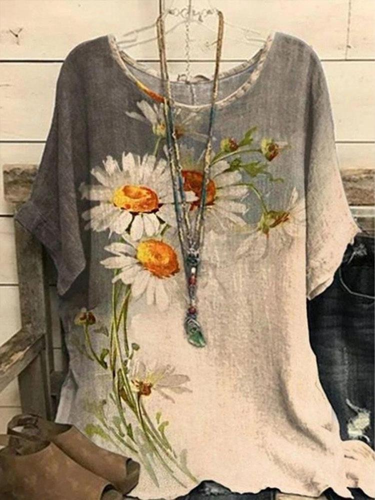 Casual Sunflower Print Crew Neck Short Sleeve Blouse