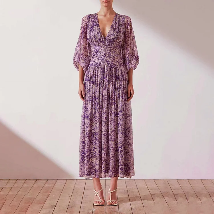 Purple Printed Waist Slim Puff Sleeve Dress Temperament Long Dress