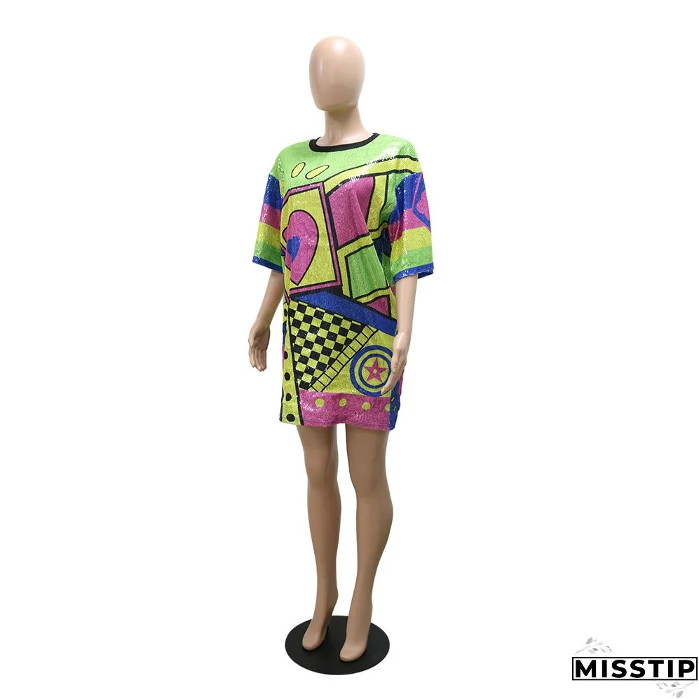 Trendy Round Neck Half Sleeve Loose Sequin Print Party Sequined Nightclub Style Women's Dress