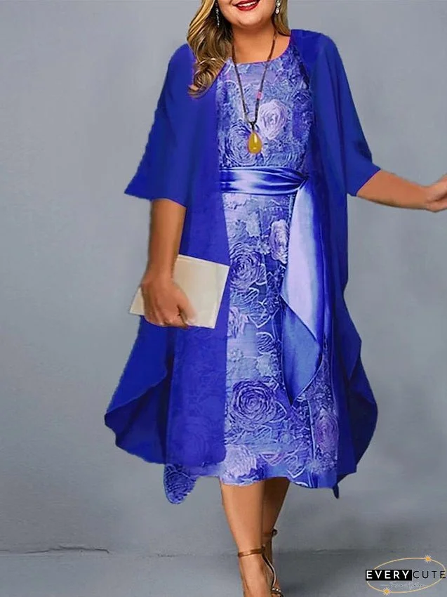 Women's Dress - Plus Size Casual Dress Dress Set Two Piece Dress Floral Midi Dress 3/4 Length Sleeve Crew Neck Fashion Daily Pink Wine Summer Spring L XL XXL 3XL 4XL