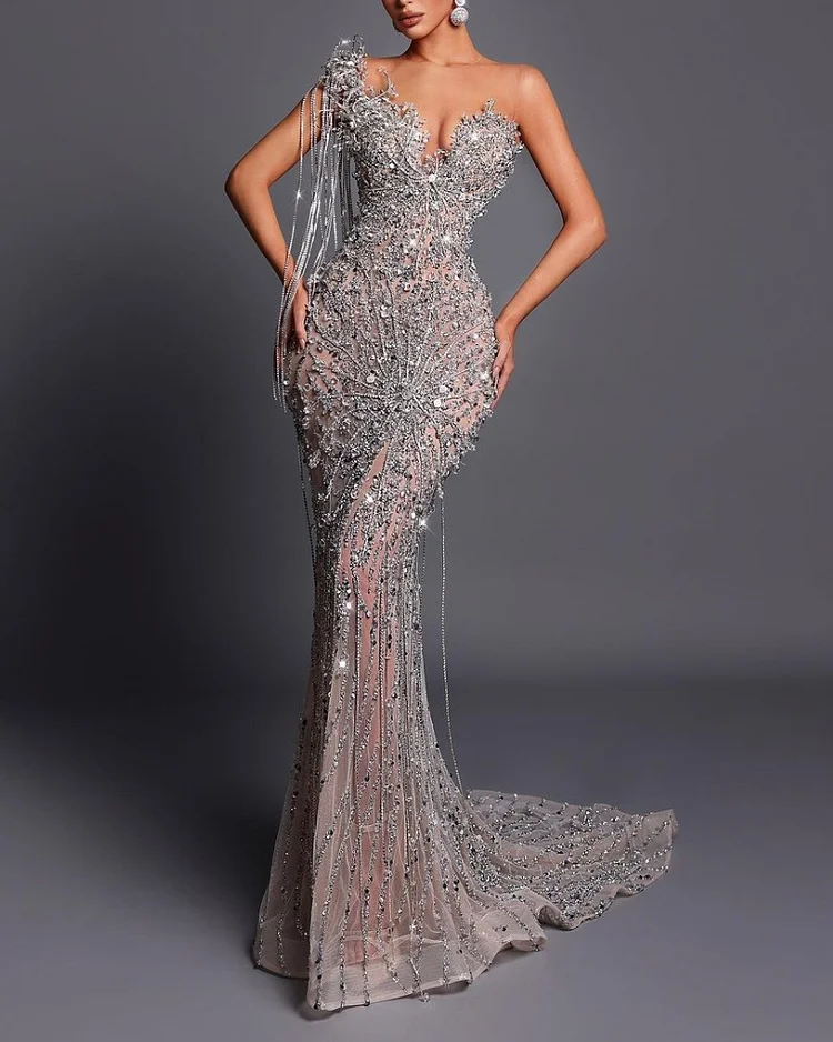 Sexy Crystal Embellished Sequin Gown