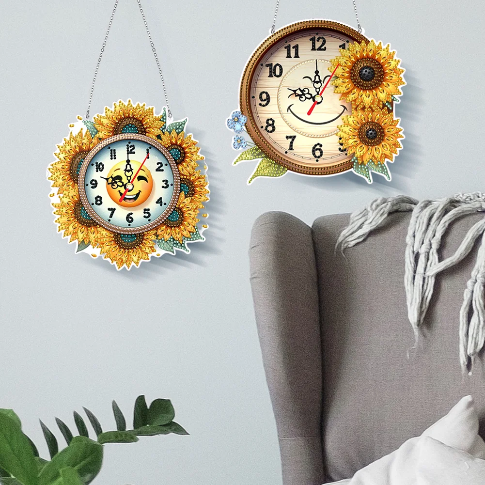 2Pcs Sunflower DIY Diamond Painting Ornament with Clock Function Home Decor Art