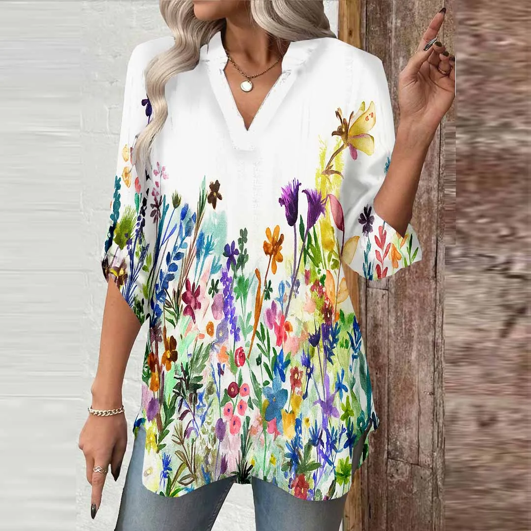 Women Floral,Color,Green DZGA0721 3/4 Sleeve V-neck Printed Graphic Button Tops