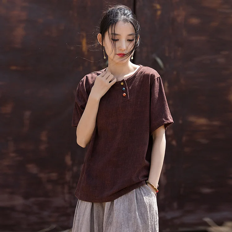 Casual Colorful Plate Linen T-Shirt