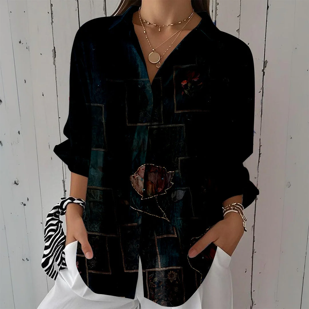 Style & Comfort for Mature Women Women Floral, Patchwork, Dark Blue DZCL0440 3/4 Sleeve Shirt Collar Printed Button Tops