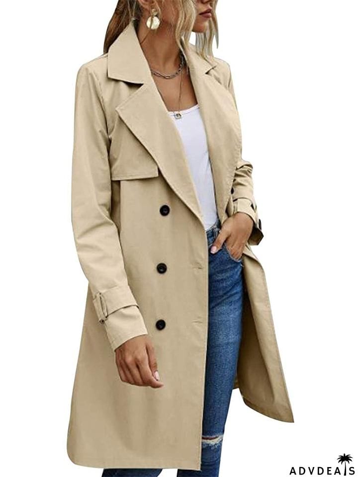 Women's Loose Casual Lapel Belted Double-Breasted Trench Coat