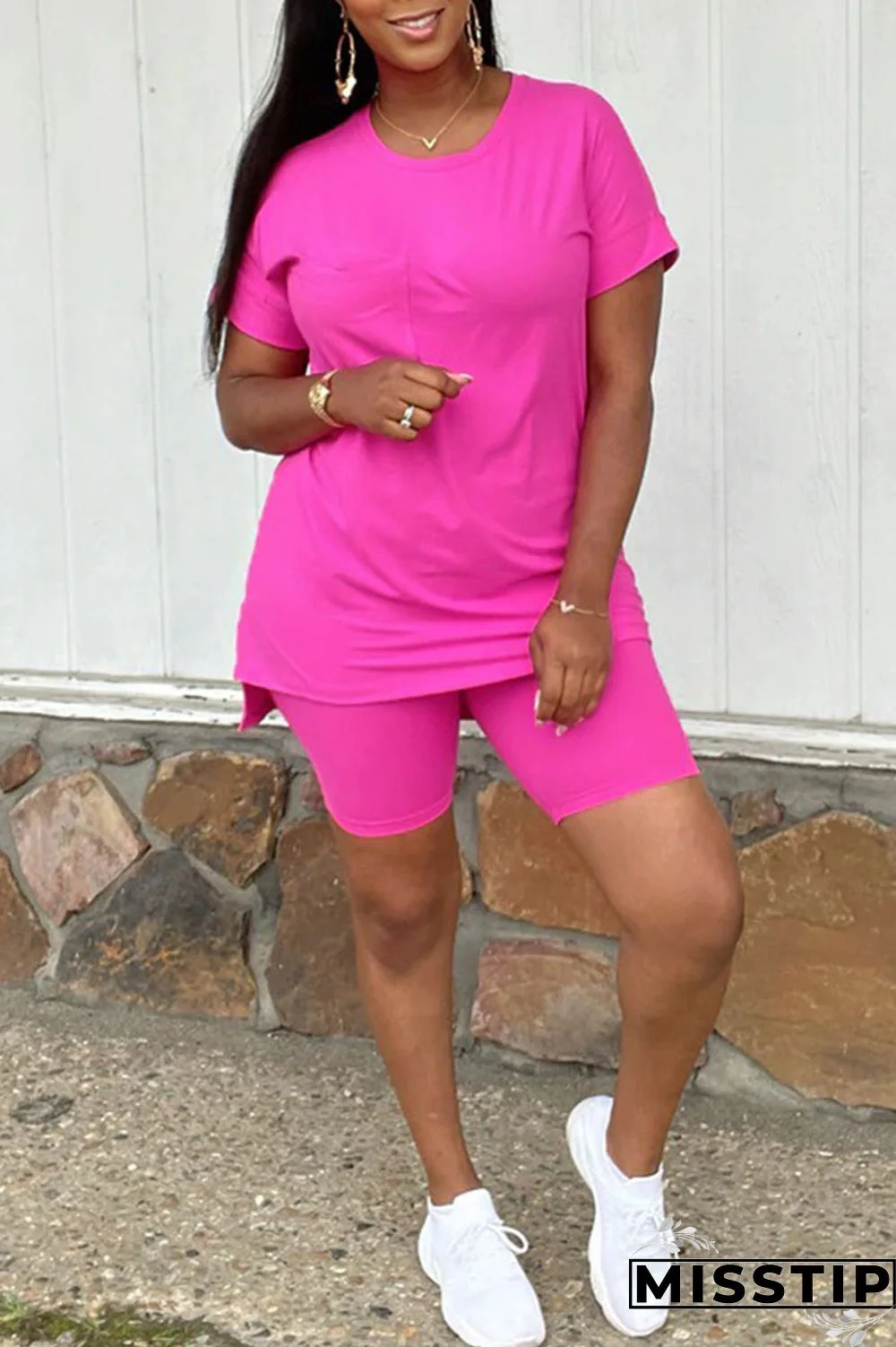 Green Casual Solid Patchwork O Neck Short Sleeve Two Pieces