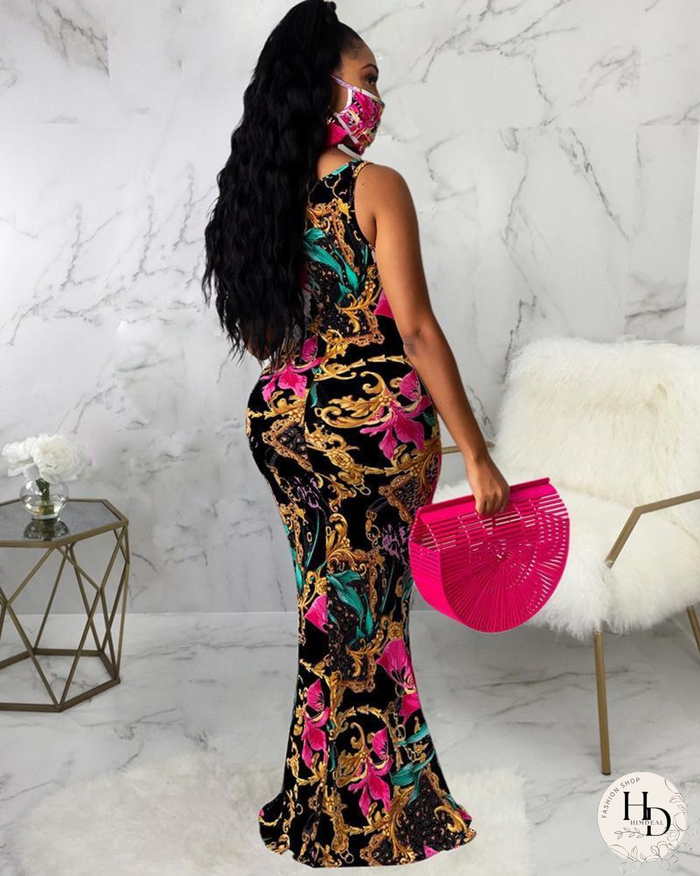 Mixed Print Thick Strap Maxi Dress P13470