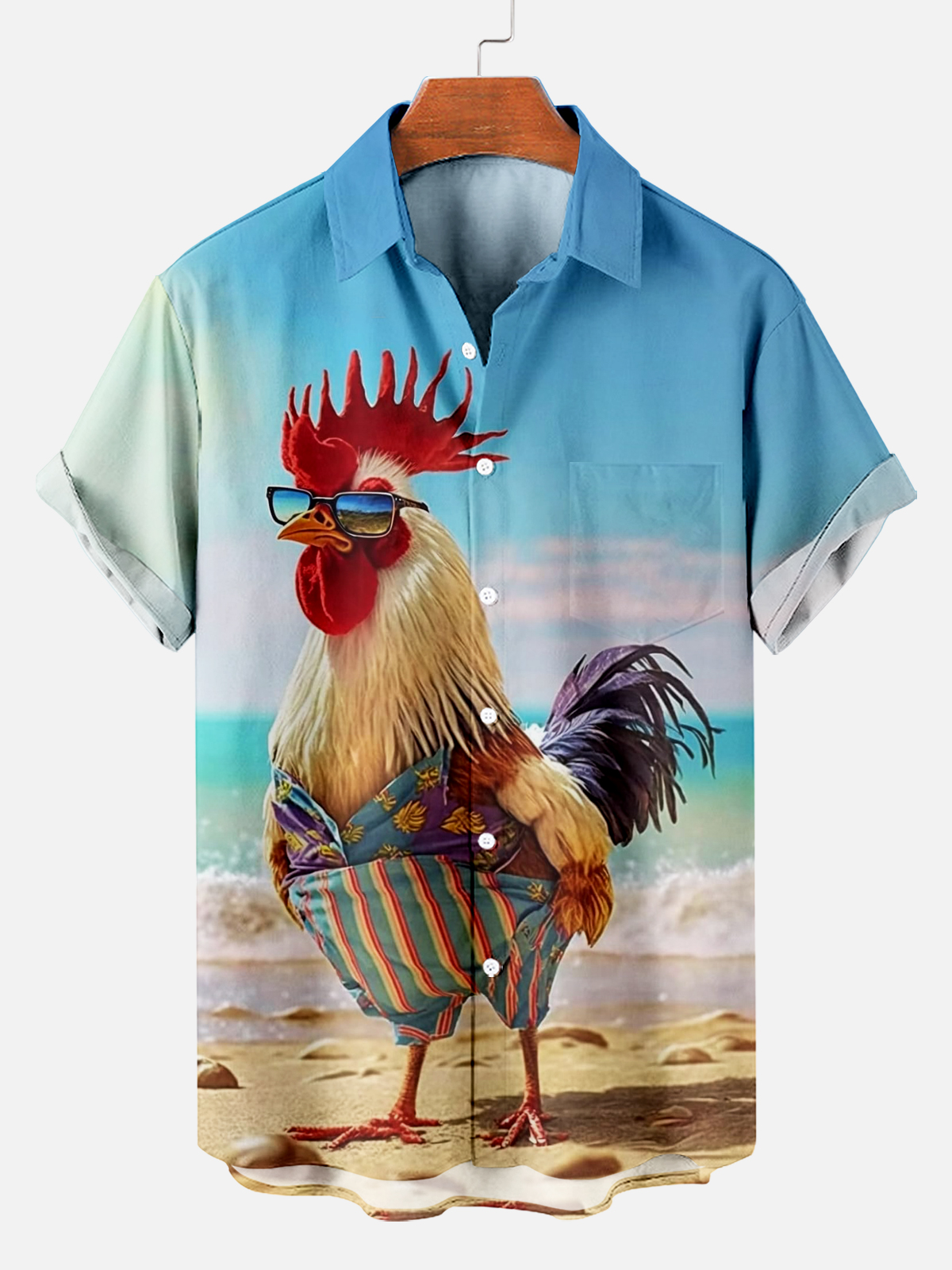 Rooster Beach Breast Pocket Short Sleeve Hawaiian Shirt PLUSCLOTHESMAN