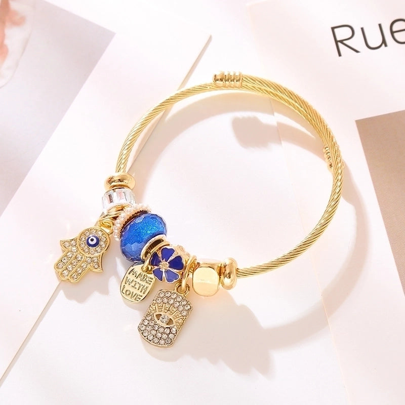 Elegant Devil’S Eye Palm 304 Stainless Steel Alloy Gold Plated Rhinestones Bangle In Bulk