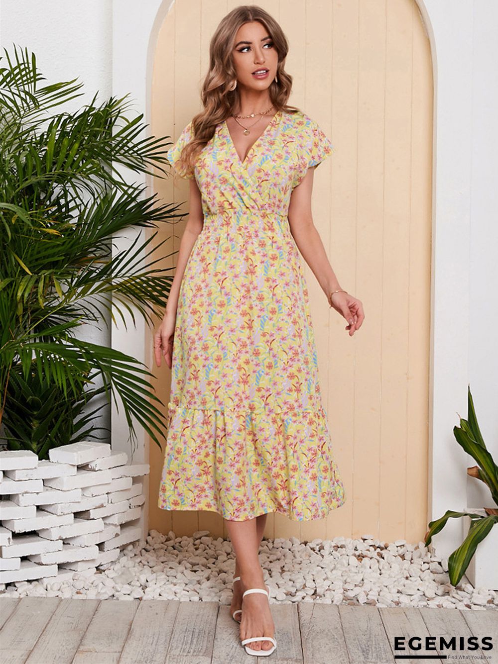 Chiffon Printed One Sleeve Large Swing Holiday Beach Dress | EGEMISS