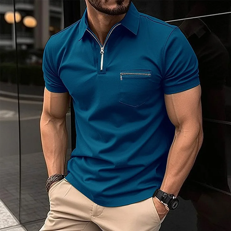 BrosWear Men's Solid Color Casual Zipper Pocket Short Sleeved Polo Shirt