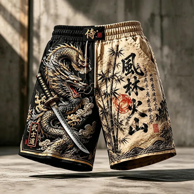 Men's Retro Japanese Dragon And Calligraphy Art Print Linen Blend Casual Shorts