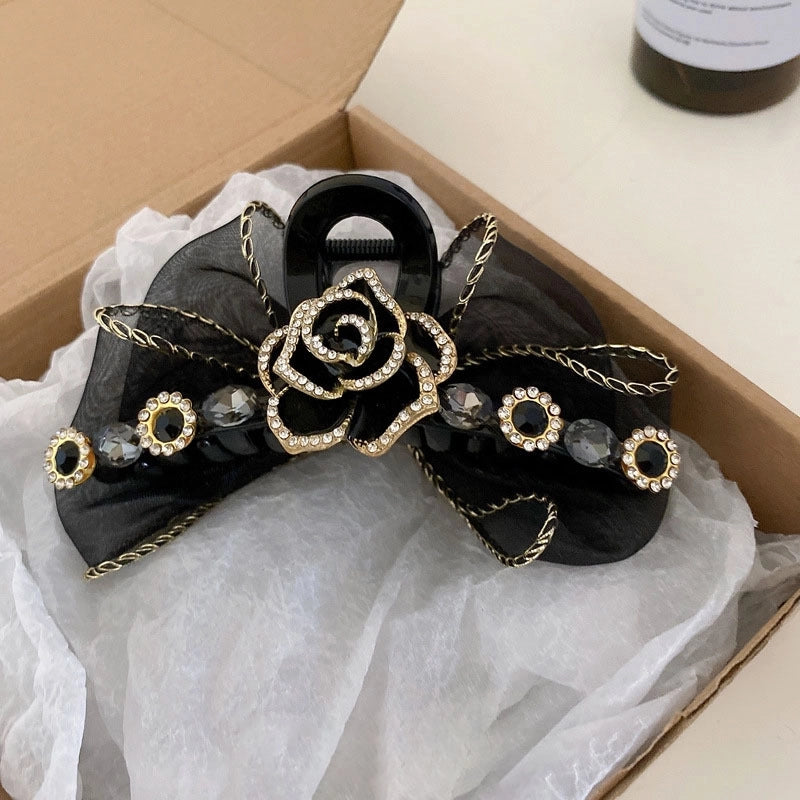 High-grade Camellia Diamond-embedded Large Gripper Korean Style Elegant Back Shark Clip Updo Hair Clip Hair Accessories For Women Summer