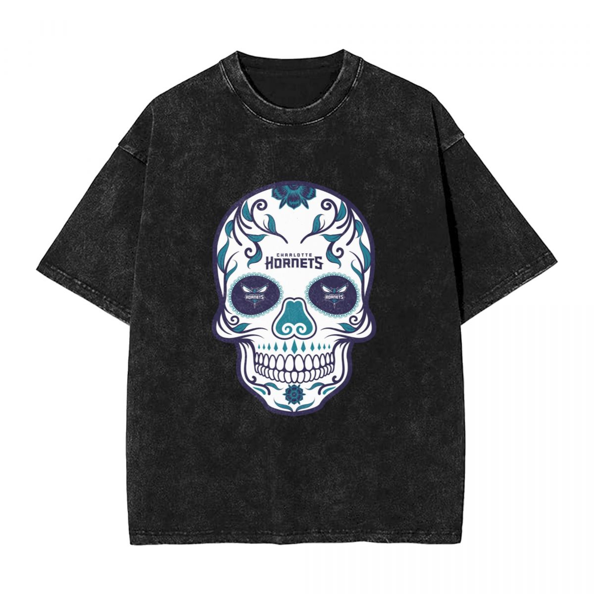 Charlotte Hornets Skull Washed Oversized Vintage Men's T-Shirt