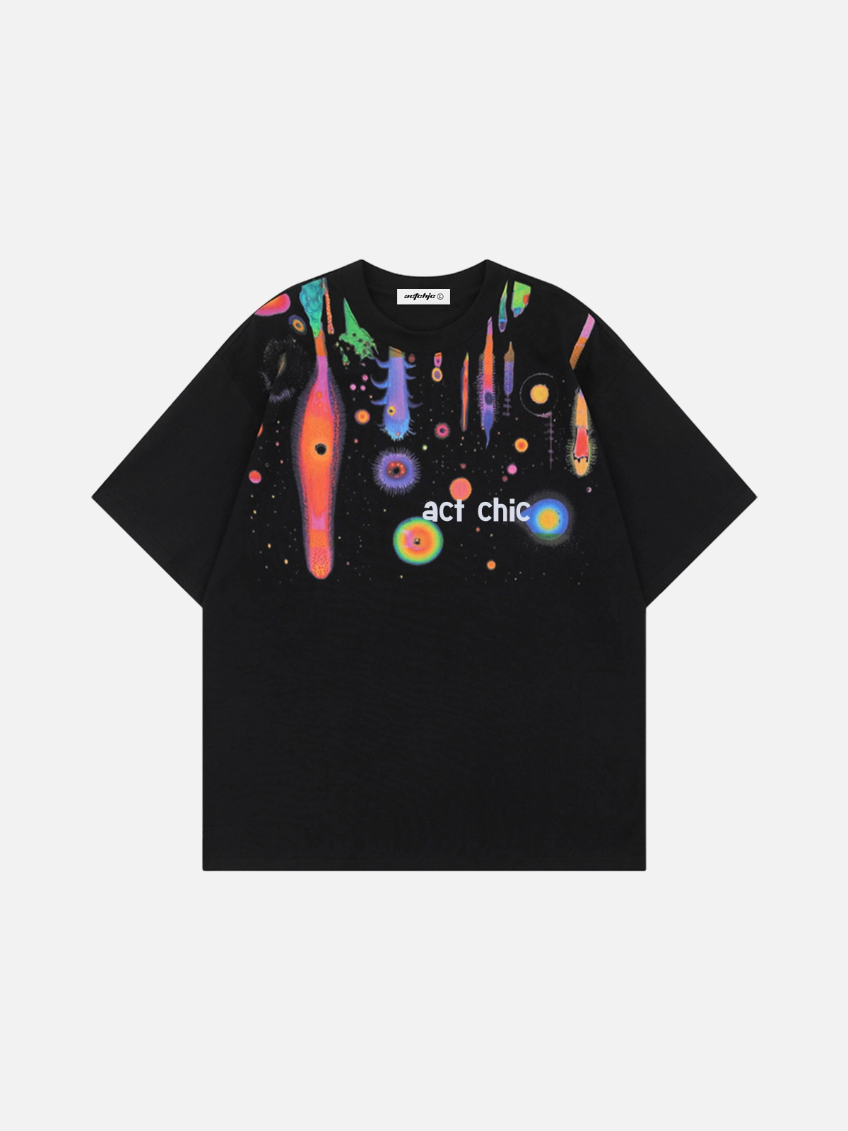 Black Act Chic Hip-Hop Colorful Graffiti Print Tee Front