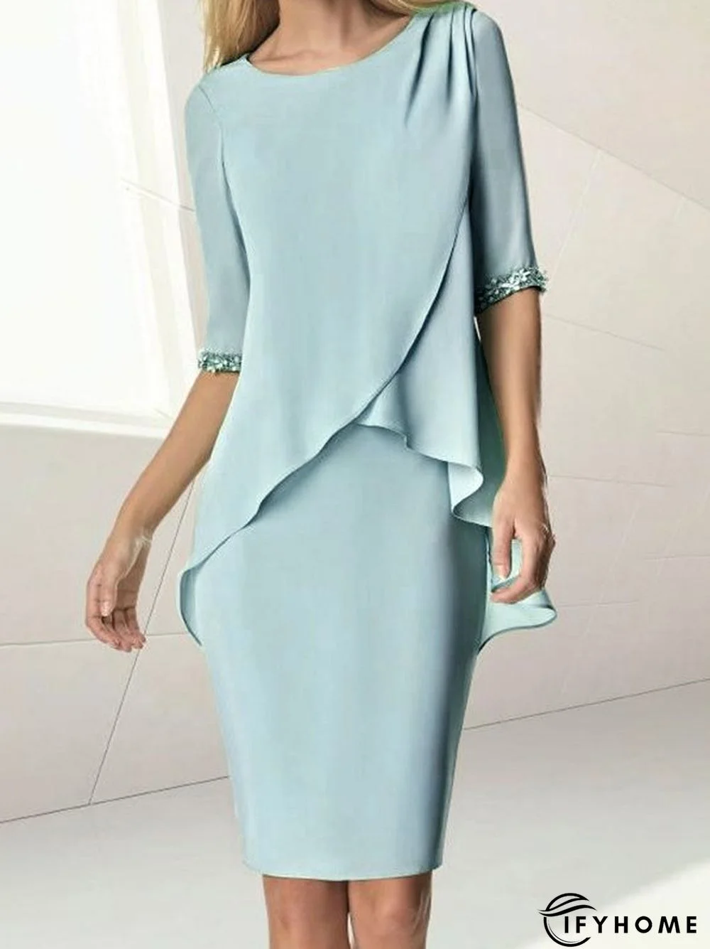 Elegant Plain Crew Neck Half Sleeve Formal Midi Dress | IFYHOME