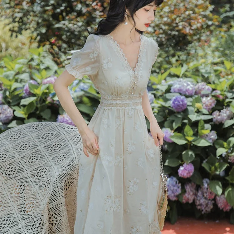 Women's Cottagecore Dress French Collar Dress Women's Summer Retro Waist Slimming Design Sense