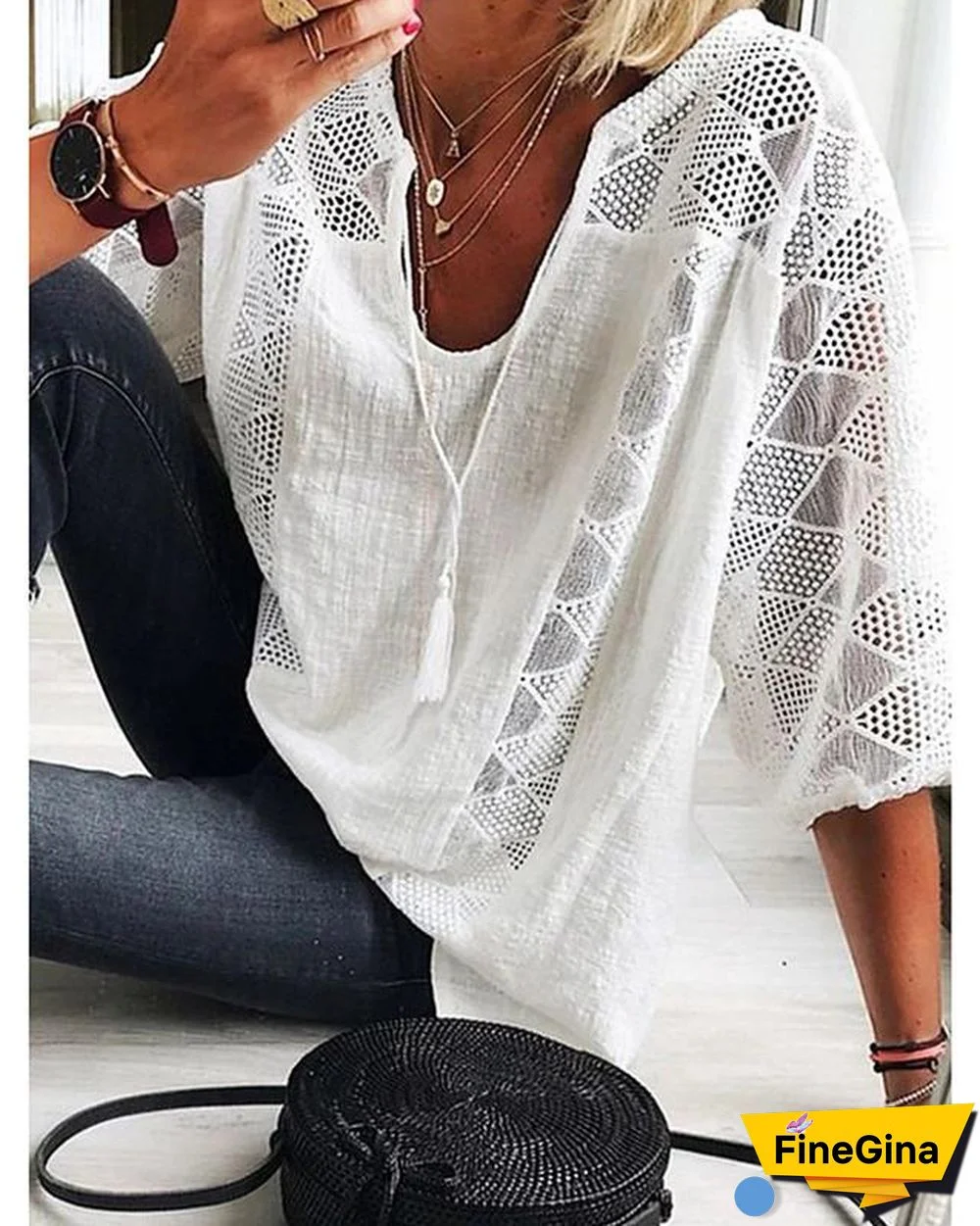 Women's T-shirt Blouse Shirt Solid Colored Lace Lace Trims V Neck Tops Elegant Basic Top White Green Light Blue-820