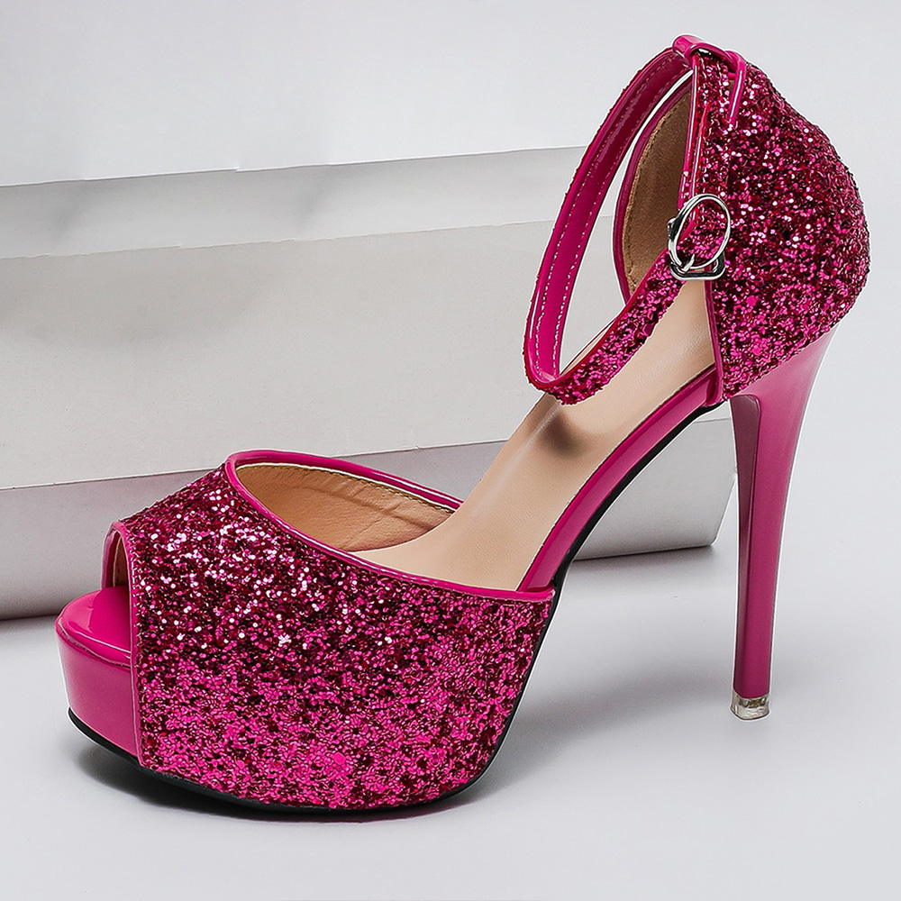 Pink Vegan Leather Peep Toe Stiletto Heel Ankle Strap Glitter Sandals Nicepairs