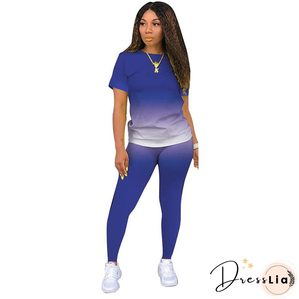 New Women's Fashion Gradient Short Sleeve Top and Pants Casual Sportswear Suit Two-piece Suit Plus Size
