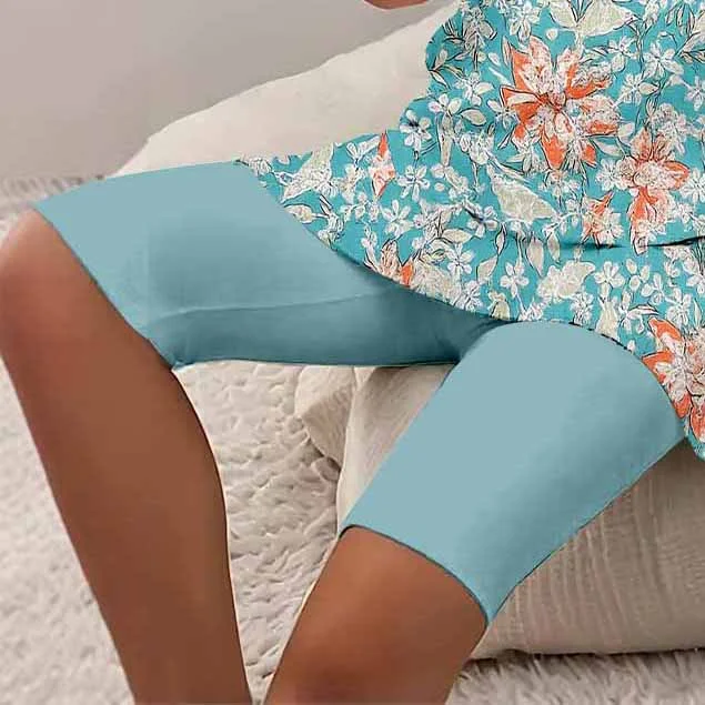 Women Floral,Green,Red DZCJ0845 Short Sleeve Tops and Shorts Plus Size