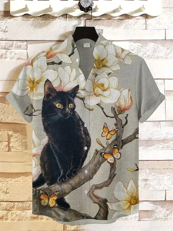 Men's Elegant Southern Magnolia Black Cat Art Print Linen Blend Shirt