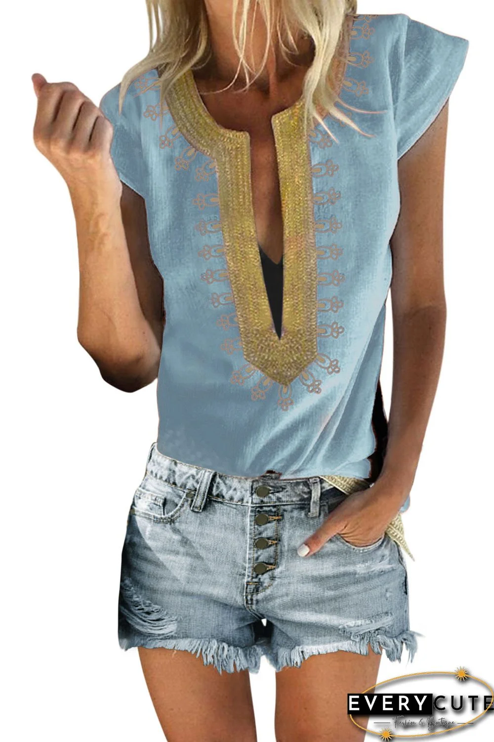 Sky Blue Short Sleeve Printed Neck Shift Blouse