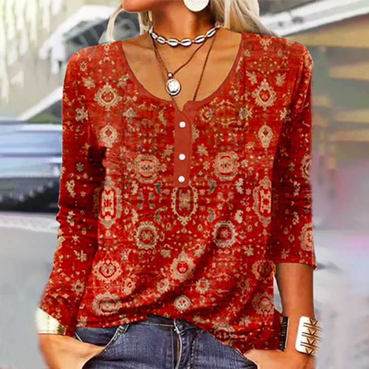 Wearshes Vintage Geometric Print Round Neck Buttoned T-Shirt