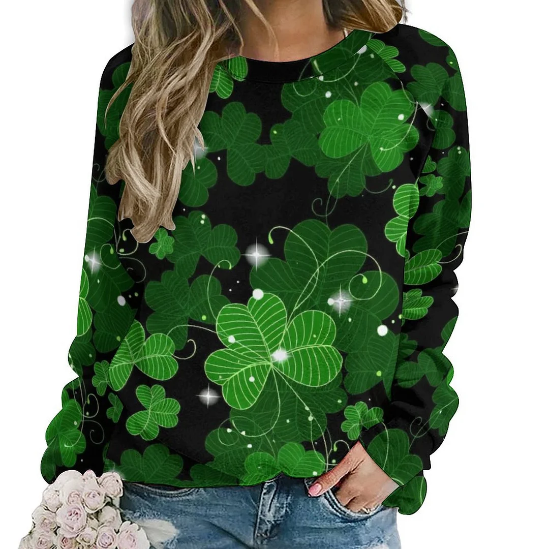 Printed Long Sleeve Casual Sweatshirt for  Women and Men Unisex Pattern St. Patrick's Day, Green, Clover, Lucky