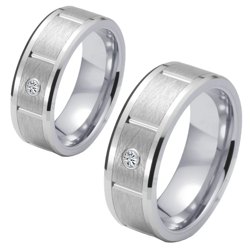 8MM Women's Or Men's Silver Tungsten Carbide Rings Brushed Beveled Edge Zircon Inlay Grooved