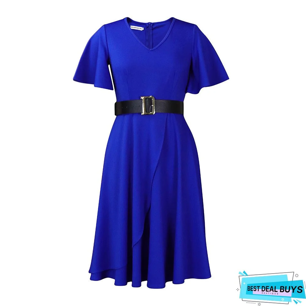 Belt Summer Women's Flared Sleeves Solid Mid Skirt Color Plus Size Dress