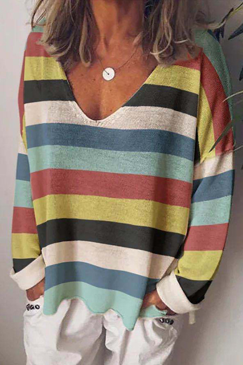 Casual Striped Split Joint V Neck Tops(5 colors)