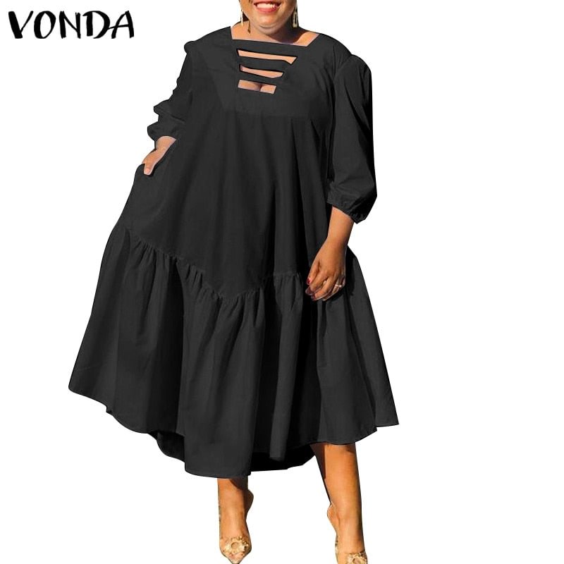 Summer Dress Women 2022 VONDA VONDA Sexy Hollow Out V-Neck Pleated Party Long Dresses Casual Loose Holiday Party Vestidos Robe