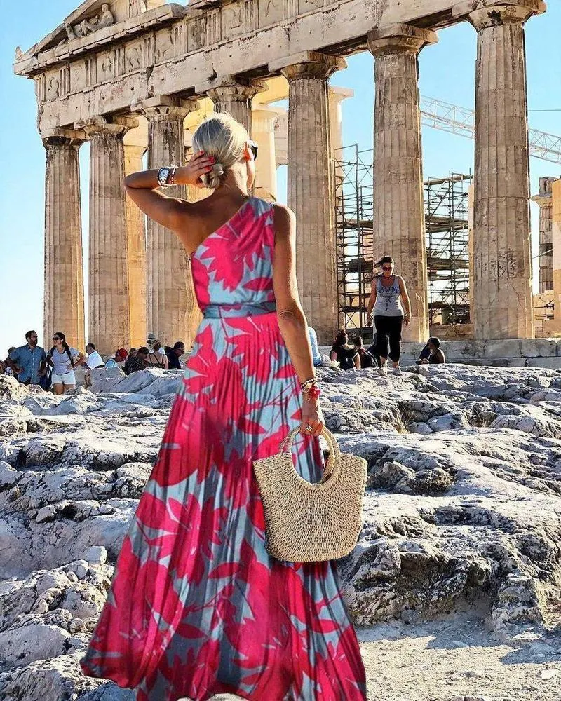 Glamorous Print Sleeveless One Shoulder Maxi Dress-vocosishoes