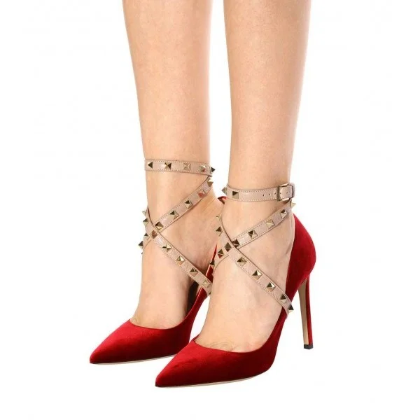 Red Suede Studs Cross Over Ankle Strap Heels Pumps Vdcoo