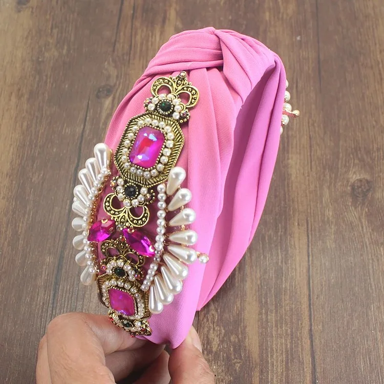 Elegant Pearl Hair Accessories Wide Side Headband Mocho Hot Pink Blue Crystal Baroque Hairband knot Headwear For Women Wedding