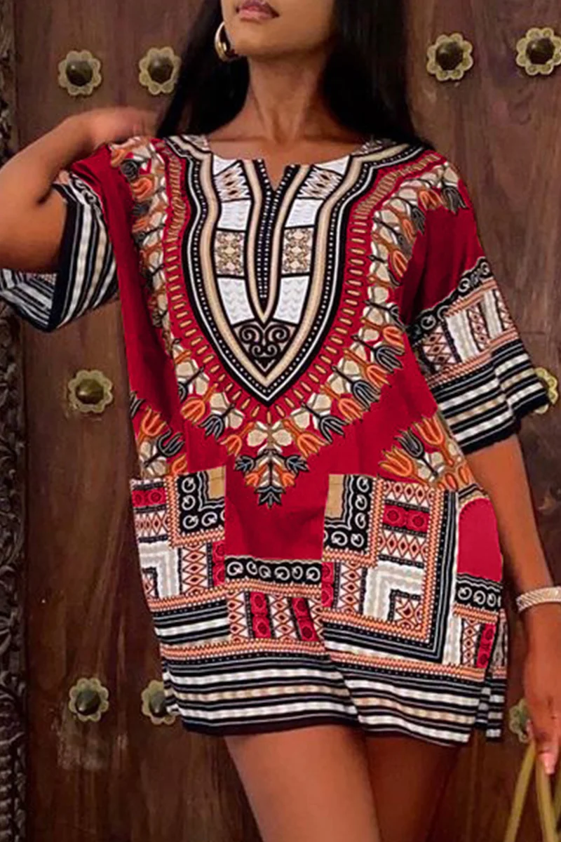 Red Fashion Casual Print Basic O Neck Short Sleeve Dress