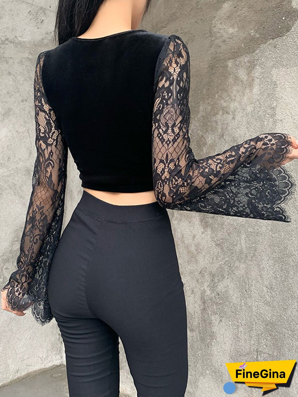 Vintage Gothic Velvet Lace Tops Harajuku Sexy See Through Long Sleeve Crop Top Women Autumn Elegant Aesthetic Basic Tops