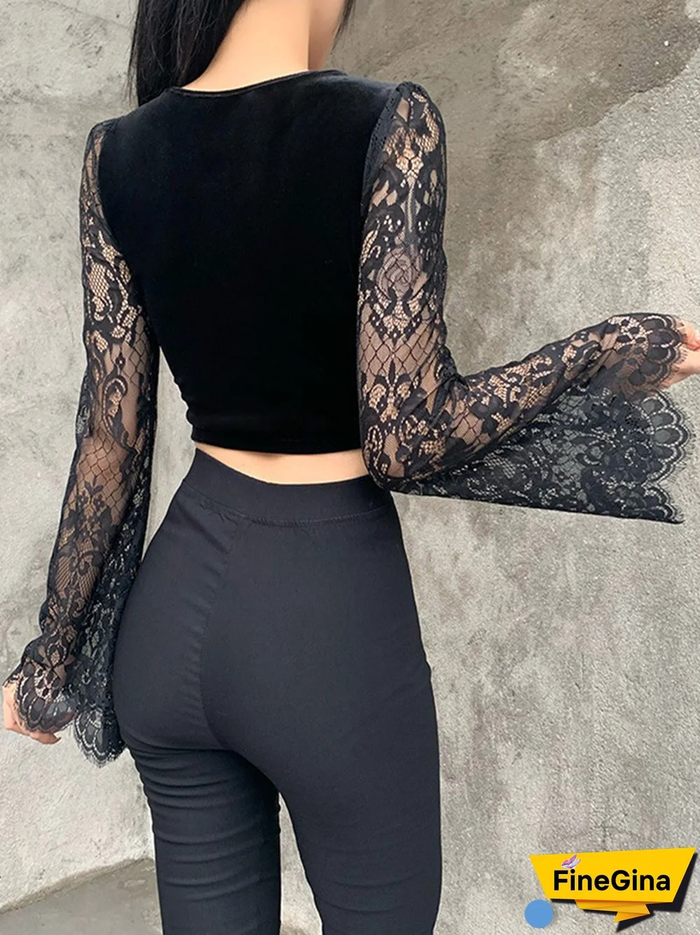 Vintage Gothic Velvet Lace Tops Harajuku Sexy See Through Long Sleeve Crop Top Women Autumn Elegant Aesthetic Basic Tops