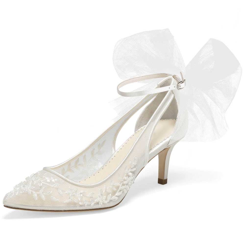 White Lace Inlay Pointed Toe Back Bow Stiletto Heel Slingback Pumps Nicepairs