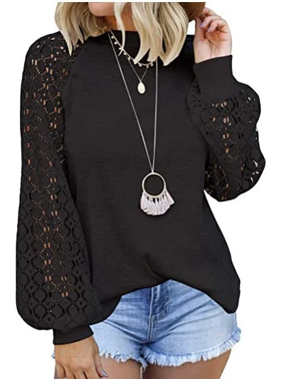 Women's Long Sleeve Scoop Neck Lace Stitching Top